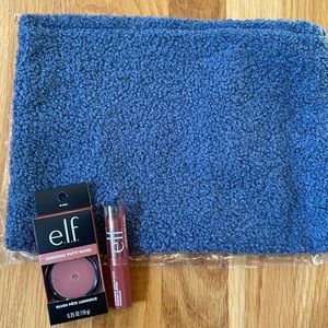NWT New with Tags Blue Cosmetic Makeup Bag with elf Blush & Lip Shine Set